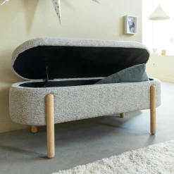 Banc en bois de pin et tissu bouclette gris clair Nério