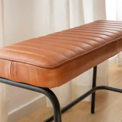 Banc en cuir marron et métal noir Lucien