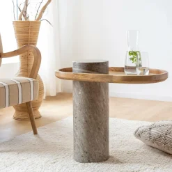 Bout de canapé en bois de manguier et marbre Andréa