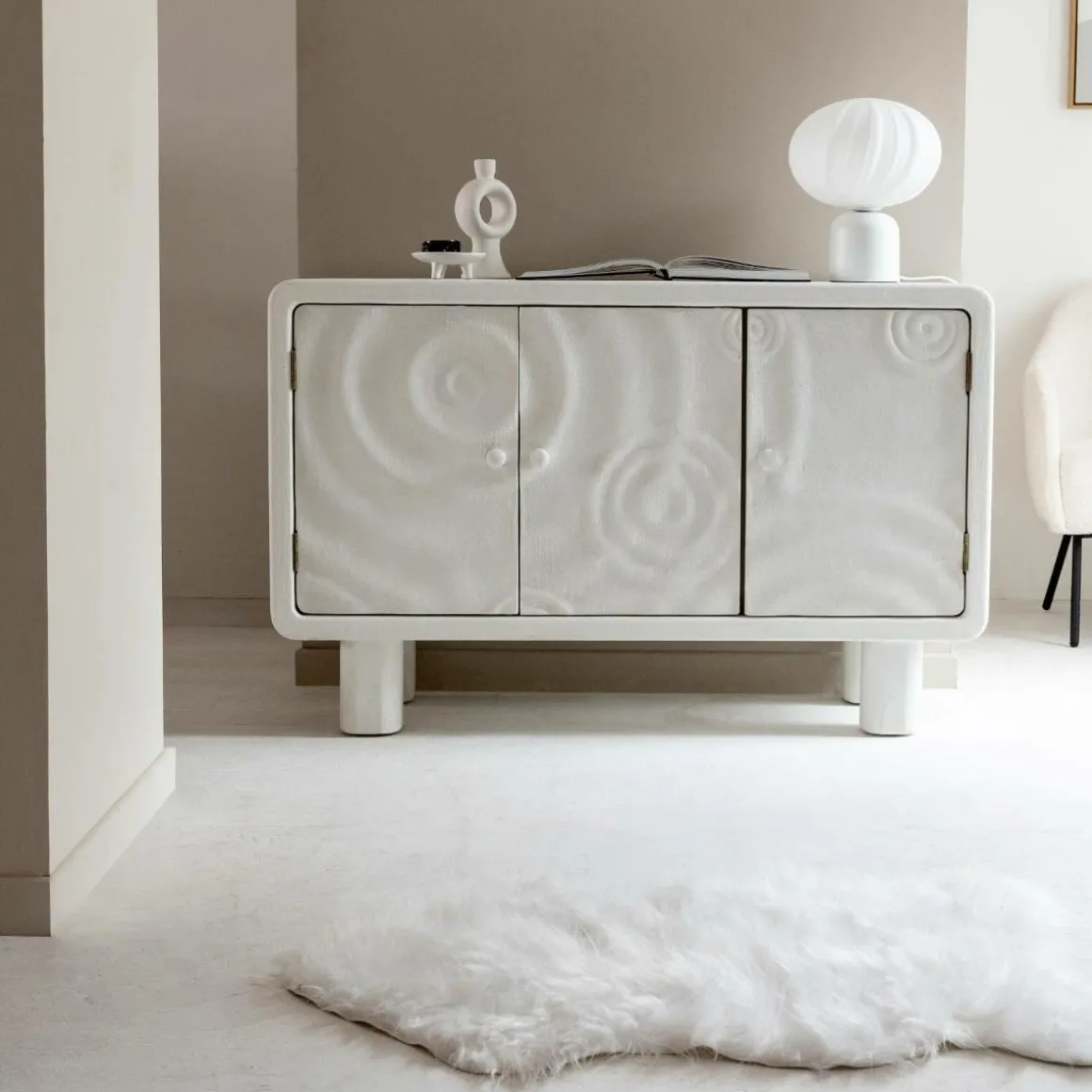 Buffet 3 portes en bois effet béton blanc Danaé