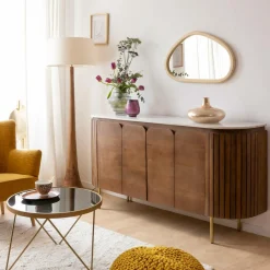 Buffet arrondi en bois de manguier et marbre Sienne