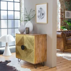 Buffet carré en bois de manguier et feuille de laiton Gisèle