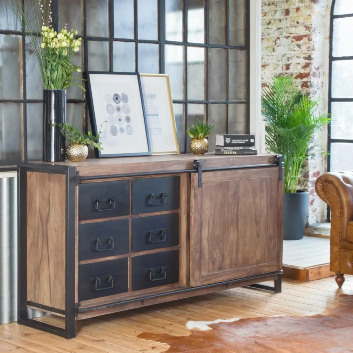 Buffet en bois d'acacia avec porte coulissante Havana