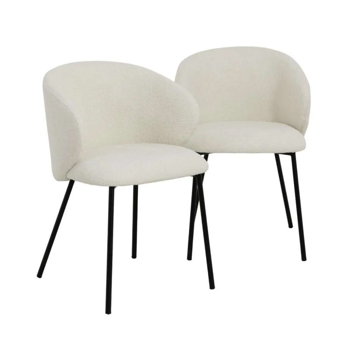 Chaise avec accoudoirs ronds en tissu bouclette écru clair et pieds en métal Cléa (lot de 2)