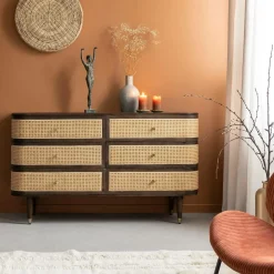 Commode 6 tiroirs en bois de manguier et cannage Soren