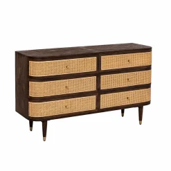 Commode 6 tiroirs en bois de manguier et cannage Soren