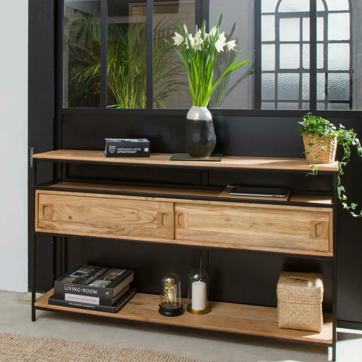 Console en bois d'acacia et métal Montréal