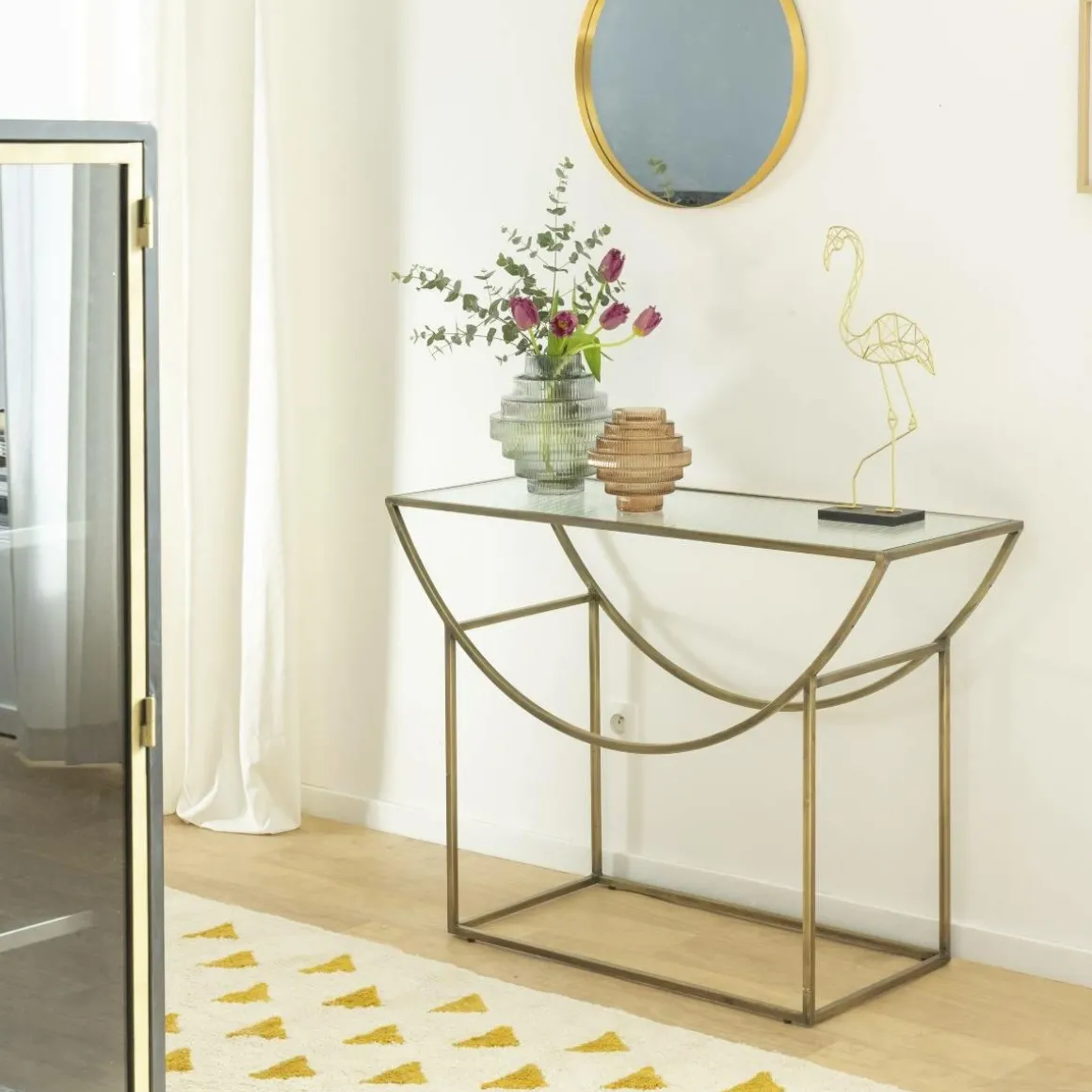 Console en métal doré et verre Léa