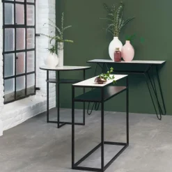 Console pieds compas en marbre blanc et métal Marceau