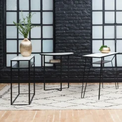 Console pieds compas en marbre blanc et métal Marceau