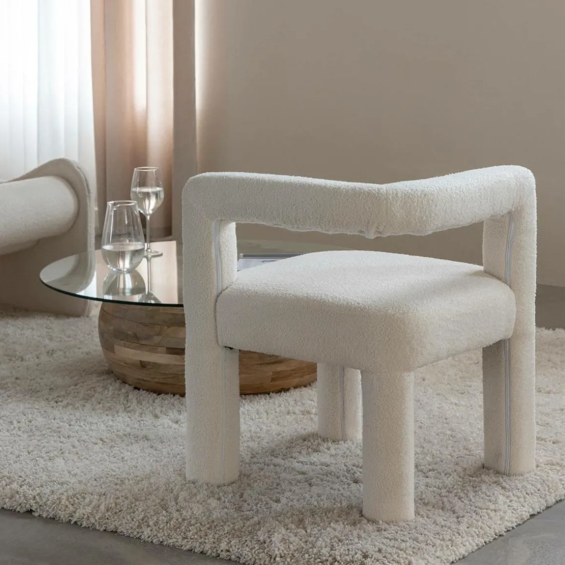 Fauteuil d'angle en tissu bouclette blanc Nora