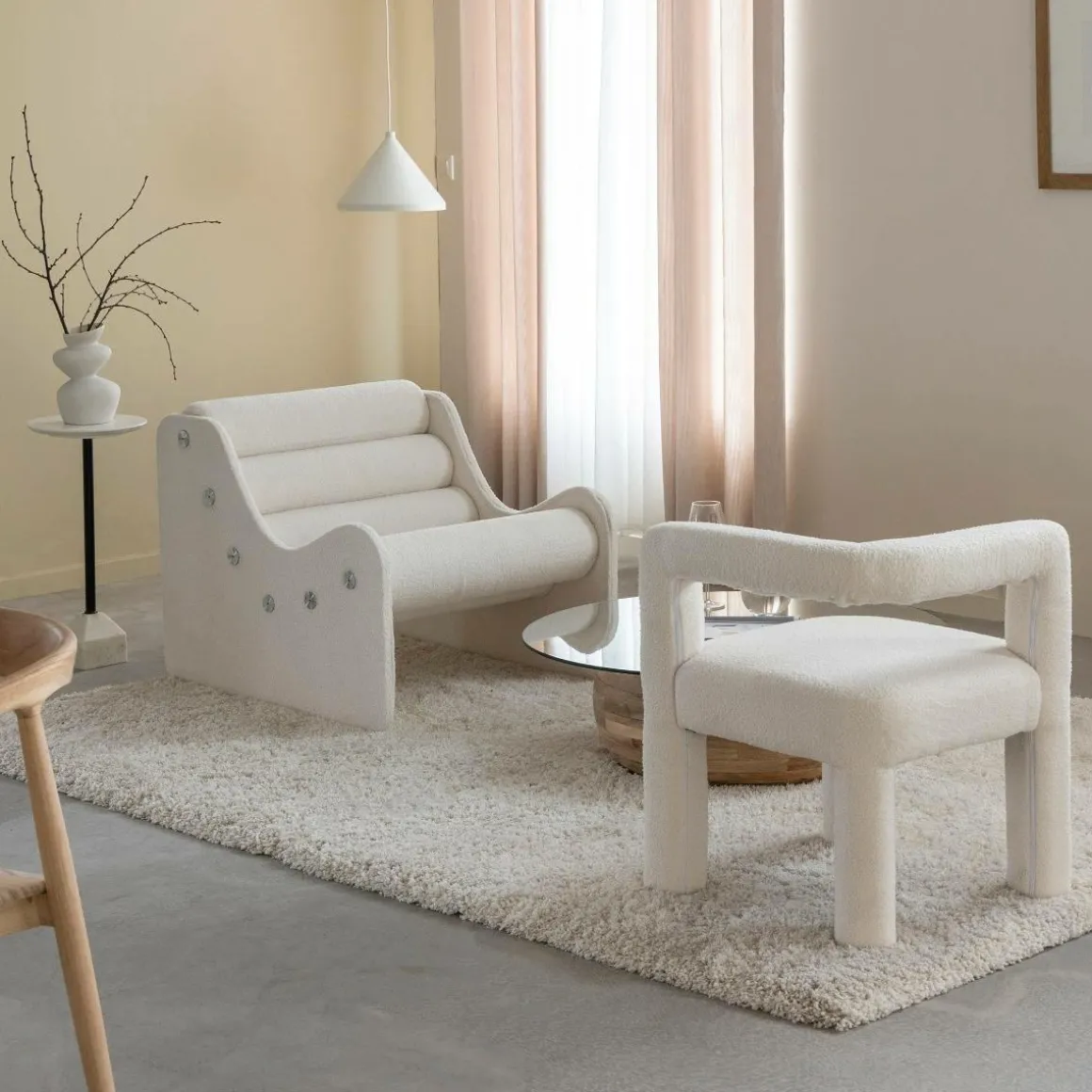 Fauteuil d'angle en tissu bouclette blanc Nora