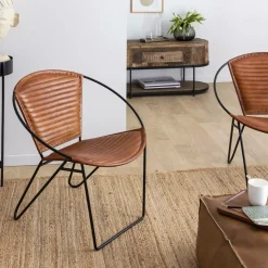 Fauteuil en cuir marron et métal Jaya