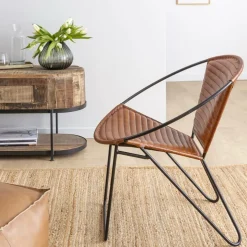 Fauteuil en cuir marron et métal Jaya