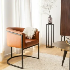 Fauteuil en cuir marron et métal Sacha