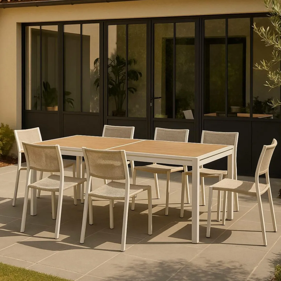 Grande table de jardin en aluminium blanc et effet bois Ayden