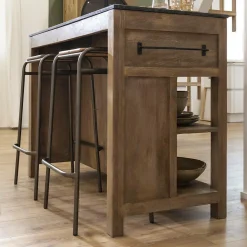 Ilot central en bois de manguier et plateau en marbre Paul