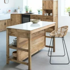 Ilot central en bois de manguier et marbre blanc Louisa