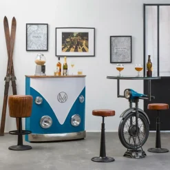 Meuble bar bleu avec plateau en bois de manguier Combi