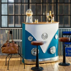 Meuble bar bleu avec plateau en bois de manguier Combi