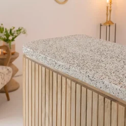 Meuble bar en angle bois de manguier et terrazzo Lou