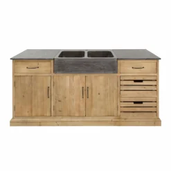 Meuble bas de cuisine en bois recyclé et pierre bleue Romain