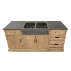 Meuble bas de cuisine en bois recyclé et pierre bleue Romain