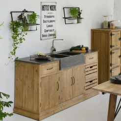 Meuble bas de cuisine en bois recyclé et pierre bleue Romain