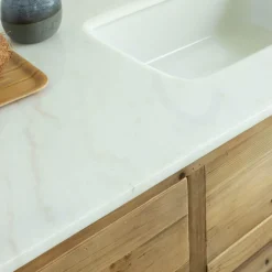 Meuble de cuisine en vieux pin et marbre blanc Epure