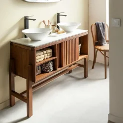 Meuble sous vasque 2 portes en bois d'acacia et terrazzo Kaelis