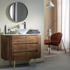 Meuble sous vasque en bois de manguier et marbre Sienne