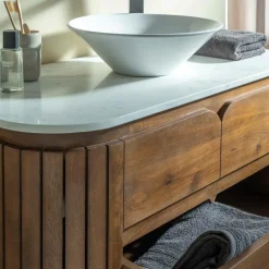 Meuble sous vasque en bois de manguier et marbre Sienne