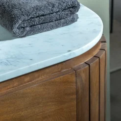 Meuble sous vasque en bois de manguier et marbre Sienne