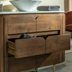 Meuble sous vasque en bois de manguier et marbre Sienne