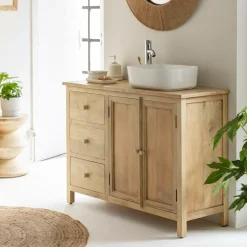 Meuble sous vasque en bois de manguier blanchi Ronan