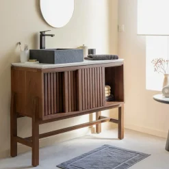 Meuble sous vasque en bois d'acacia et terrazzo Kaelis