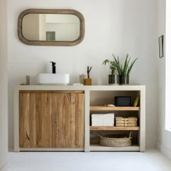 Meuble sous vasque en bois effet béton et bois recyclé Dalva