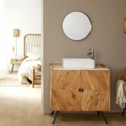 Meuble sous vasque en bois d'acacia et marbre Aloé