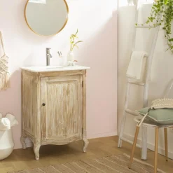 Meuble sous vasque en pin recyclé blanchi et marbre blanc Gemma