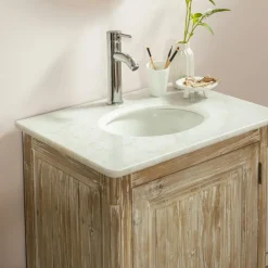 Meuble sous vasque en pin recyclé blanchi et marbre blanc Gemma