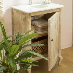 Meuble sous vasque en pin recyclé blanchi et marbre blanc Gemma