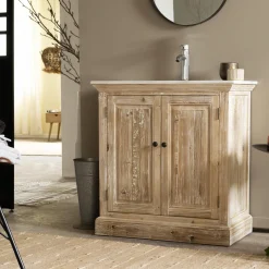 Meuble sous vasque en pin recyclé blanchi Gemma