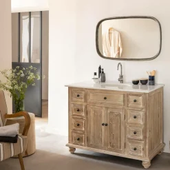 Meuble sous vasque en vieux pin et marbre blanc Octavie