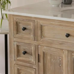 Meuble sous vasque en vieux pin et marbre blanc Octavie