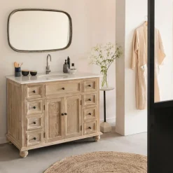 Meuble sous vasque en vieux pin et marbre blanc Octavie