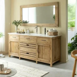 Meuble sous vasque en vieux pin et marbre blanc Nils