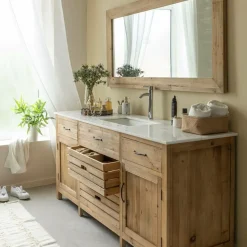 Meuble sous vasque en vieux pin et marbre blanc Nils