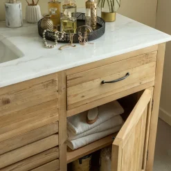 Meuble sous vasque en vieux pin et marbre blanc Nils