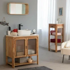 Meuble sous vasque vitré en bois d'acacia et marbre Emyr