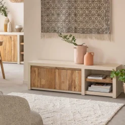 Meuble TV 2 portes et 1 étagère en bois effet béton et bois recyclé Dalva